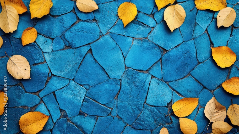 Aufkleber yellow autumn leaves on blue abstract mosaic paving stone background with empty space for text and d
