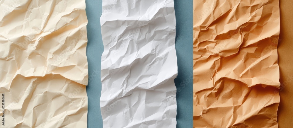 Poster crumpled textured paper backgrounds in beige white and orange with copy space for design application