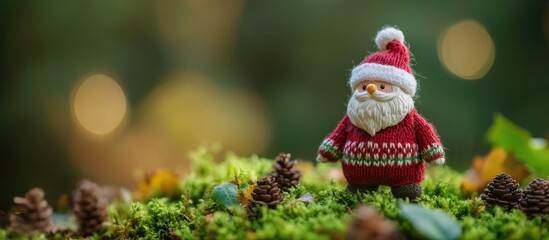 Santa Claus figurine surrounded by moss and pine cones with blurred festive lights in the background Copy Space