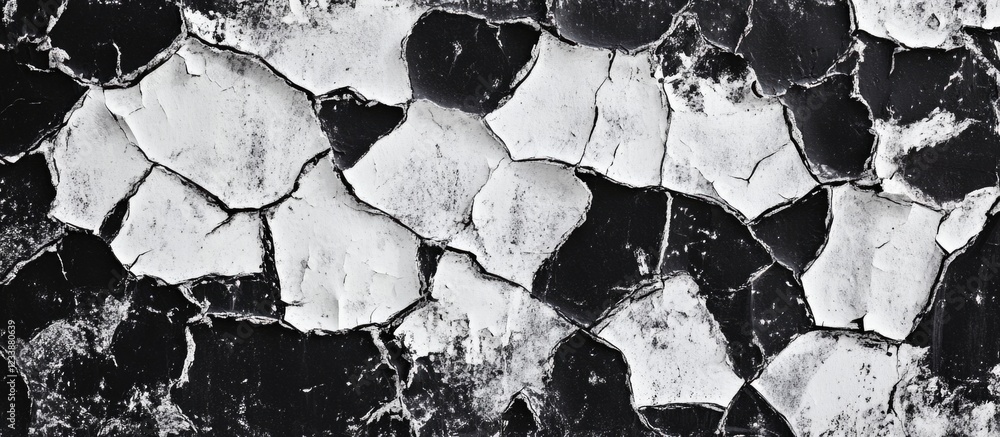 Poster cracked black and white paint texture with irregular patterns and copy space for design applications