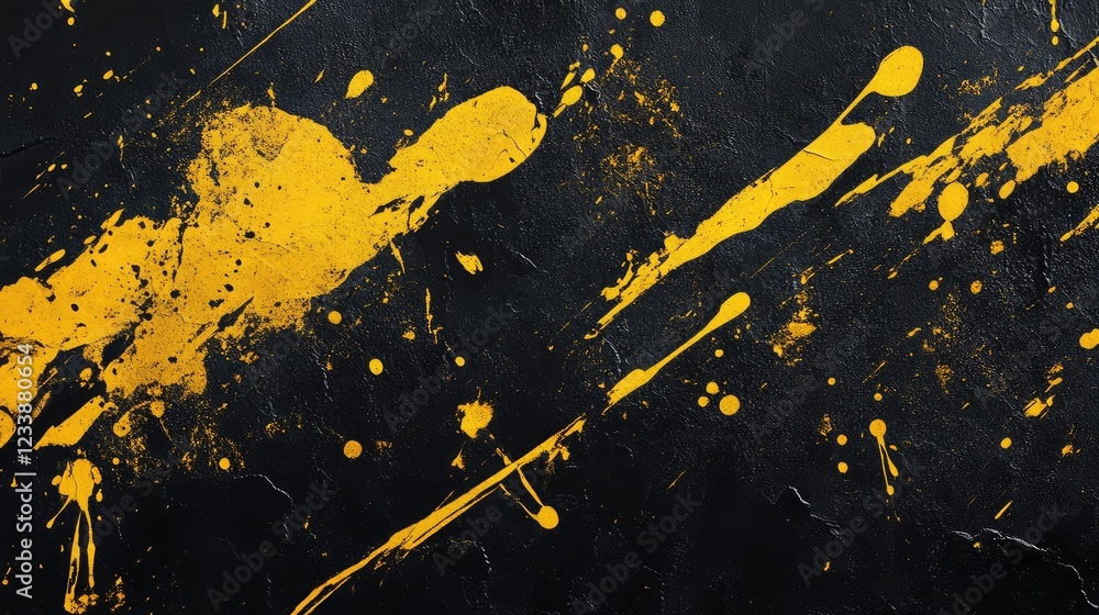 Poster vibrant yellow paint splatter creating an artistic explosion on a deep black textured background sho