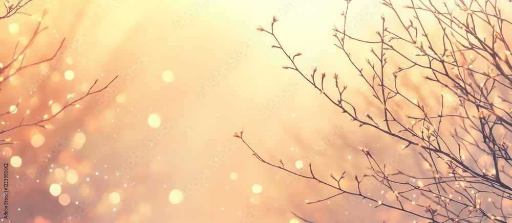 Poster foggy landscape of bare tree branches set against a soft yellow and orange background with ample spa