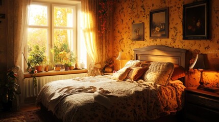 Cozy bedroom interior featuring warm tones, natural light, and inviting decor with a serene atmosphere and lush greenery by the window.