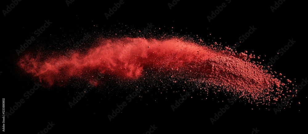 Aufkleber red powder explosion on black background with dynamic movement and texture copy space