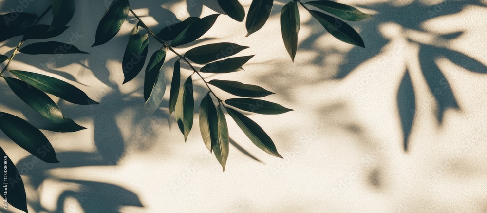 Poster green leaves with shadow on light background featuring copy space for text