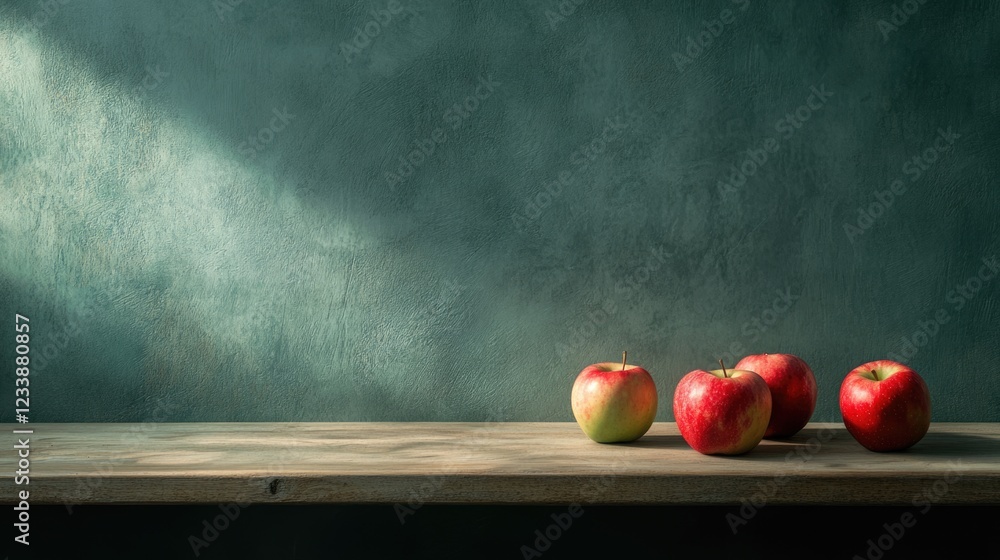 Poster rustic wooden table featuring ripe apples with ample negative space for text or graphics in a high-q