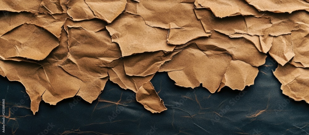 Poster textured layers of crumpled brown paper on dark background with copy space for your design needs
