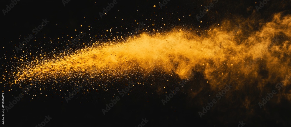 Poster golden powder explosion on a black background with dynamic movement and copy space for text placemen