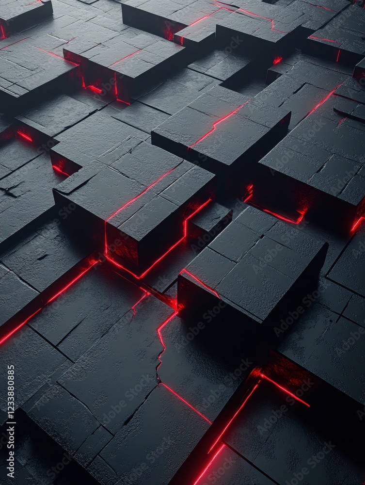 Poster dark geometric blocks with red glowing lines creating a futuristic abstract pattern