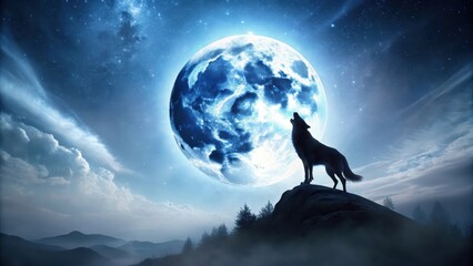 Obraz premium Full Moon Night Sky with Howling Wolf , moonlight, lunar, moonlight, lunar, outdoors, dark, animal