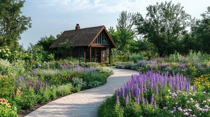 Cottage Surrounded by Vibrant Flowers in a Serene Botanical Garden with Lush Landscape Elements