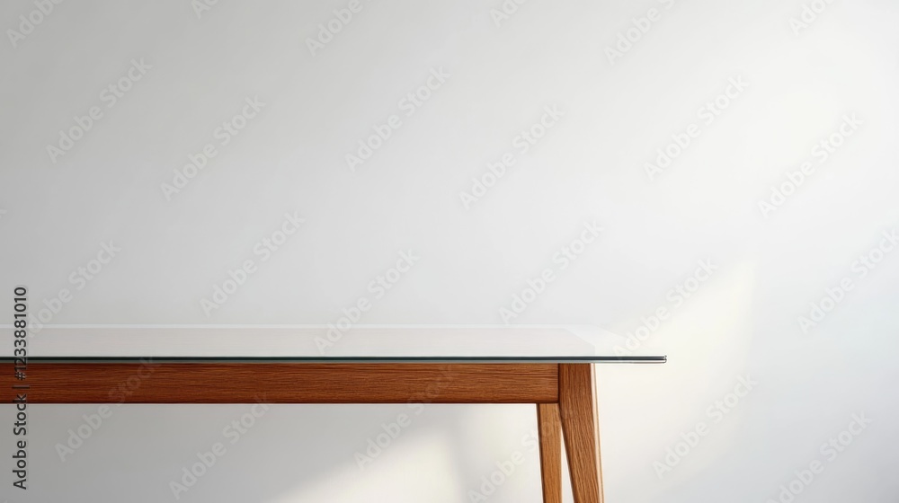 Poster elegant wooden desk with glass top showcasing minimalistic design and ample empty space for text in 