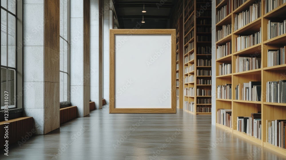 Poster wooden frame in library aisle with blank canvas vintage style providing empty copy space for creativ