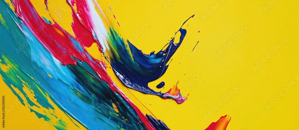 Poster colorful abstract paint splash on vibrant yellow background with copy space for text usage.