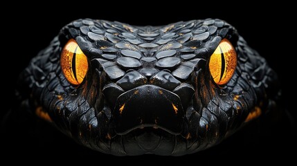 Naklejka premium Macro portrait of a viper snake head featuring striking yellow and orange eyes against a black background showcasing its detailed scales and fierce expression.