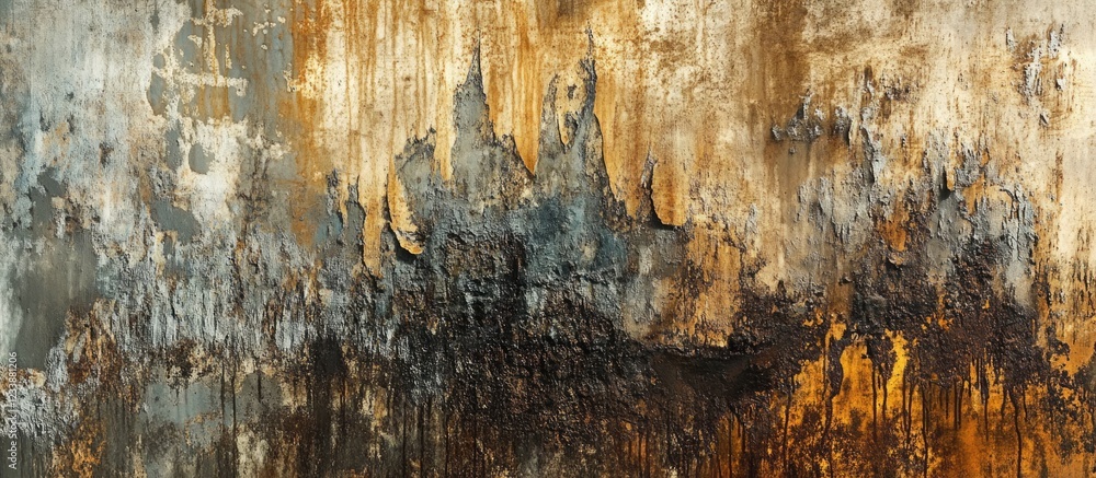 Poster abstract textured background with warm tones of brown, orange, and gray exhibiting a weathered appea