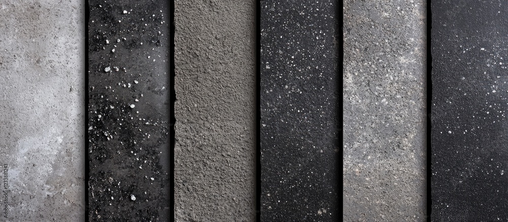 Aufkleber textured concrete surface samples in varying shades of gray arranged in a row with copy space for ba