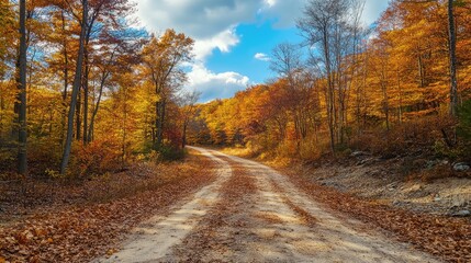 Obraz premium Scenic autumn landscape featuring a winding dirt road through a colorful forest under a vibrant blue sky with fluffy clouds.