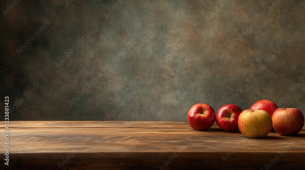 Poster wooden table with ripe apples on a rustic background showcasing vibrant colors and ample space for t