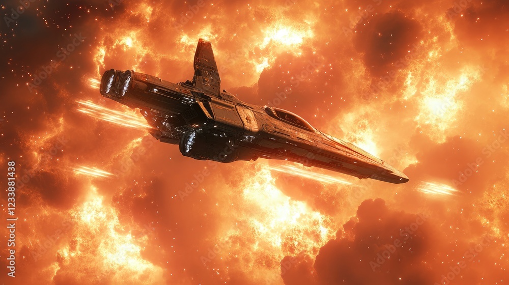 Poster futuristic spaceship navigating through a fiery cosmic landscape with vibrant orange clouds and dyna