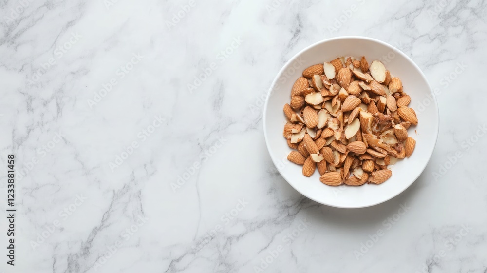 Poster crispy almonds in white bowl on marble background with empty copyspace for culinary and health relat