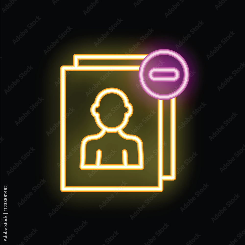 Poster glowing neon line icon of a user profile being removed from a database