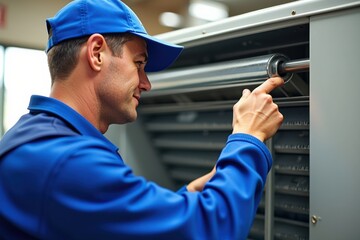 A Skilled Technician Working Diligently in a Modern Workshop, Repairing a Mechanical Roller Shutter with Precision and Expertise in a Well-Lit Environment