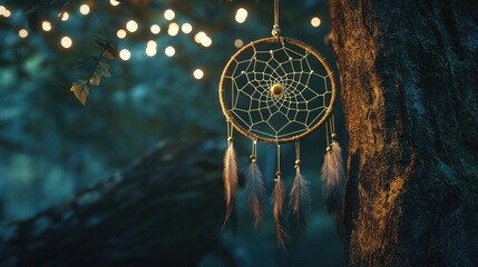 Cottagecore dreamcatcher adorned with tiny lights hanging from an ancient tree creating a magical ambiance in a serene forest setting