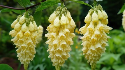 Lush garden scene featuring clusters of yellow sepals and creamy blossoms gracefully hanging from vibrant green foliage undersoft natural light.