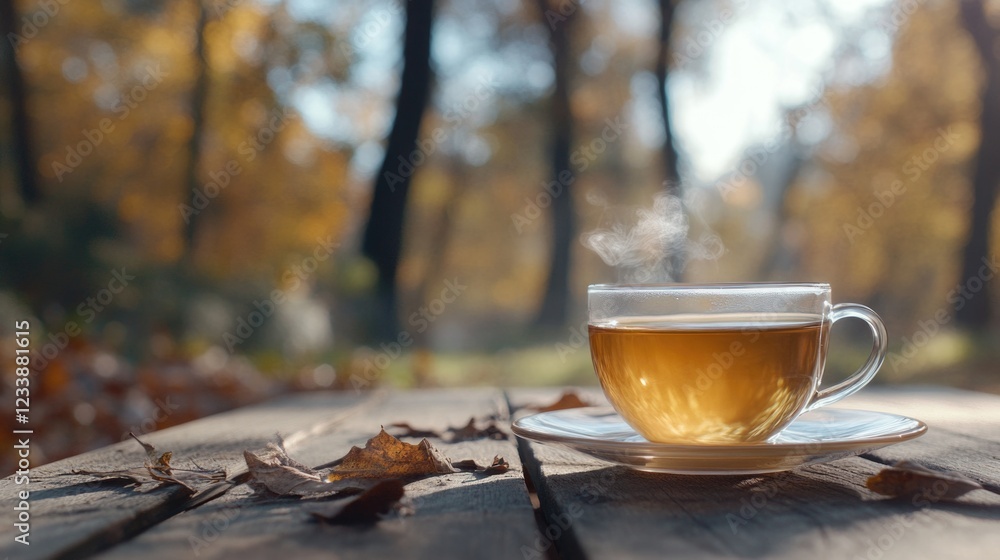 Aufkleber steaming teacup on wooden table with autumn leaves and blurred trees creating a tranquil atmosphere 