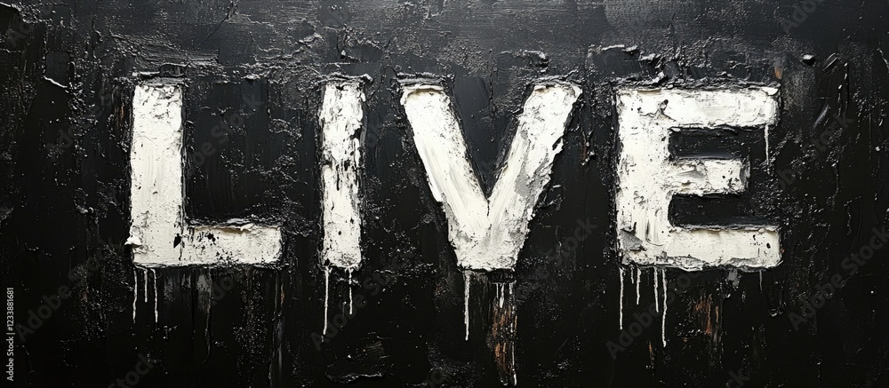 Poster live text on black background with drips and texture copy space