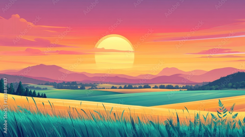 Poster serene countryside landscape at sunset with vibrant fields and empty copyspace for text or advertise