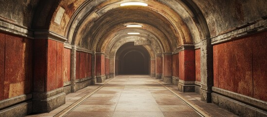 Obraz premium Abandoned Subway Station Hallway with Ceiling View and Empty Space for Text Usage