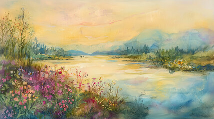 Obraz premium Lush watercolor landscape of serene valley with blooming flowers and river