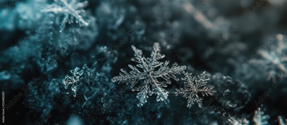 Poster close-up of delicate snowflakes on dark background with blurred bokeh lights copy space