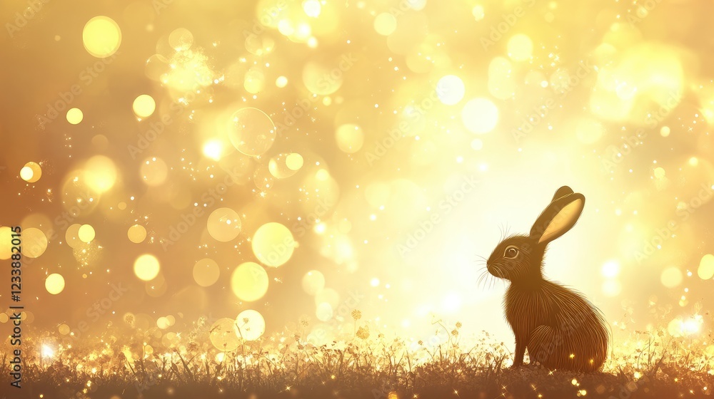 Poster cottontail rabbit silhouette with golden bokeh background and empty copyspace for text or graphic de