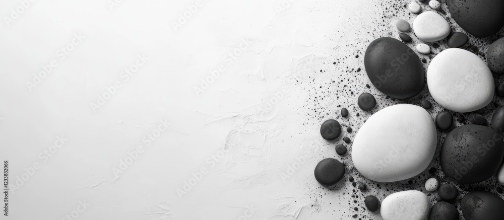 Aufkleber black and white image of smooth pebbles arranged on a light background with ample copy space for tex