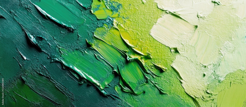 Poster textured abstract painting with green and yellow paint strokes on canvas, copy space available for t