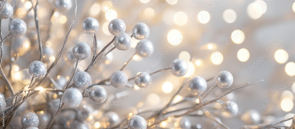Poster decorative branch with white berries and soft bokeh lights in the background ideal for holiday and f