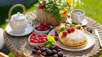 Outdoor brunch garden coffee concept. A sunny breakfast table featuring pancakes, fresh berries, a teapot, and flowers, set in a lush garden.