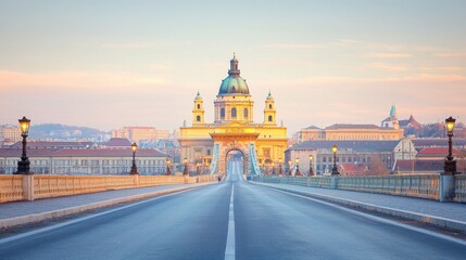 Fototapeta premium Beautiful Sunrise Over Historic City Bridge Scene