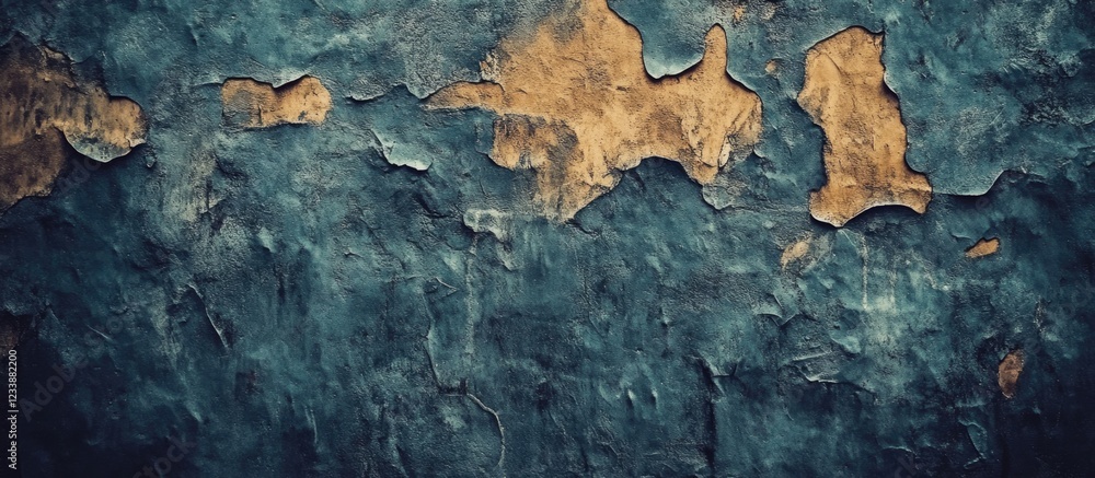 Poster aged blue wall with peeling paint texture and abstract patterns copy space for design use