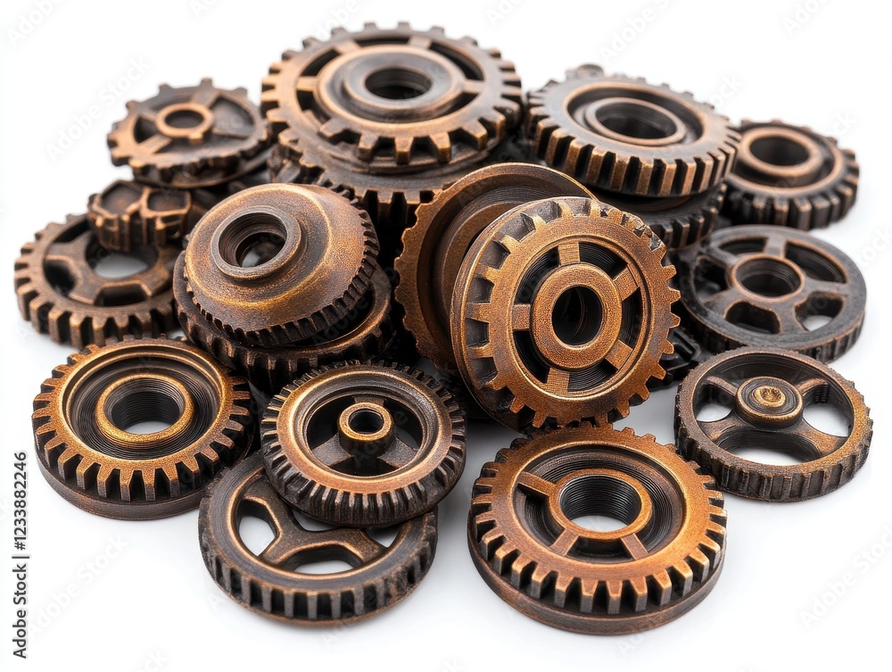 Poster a collection of metallic gears in various sizes and designs.