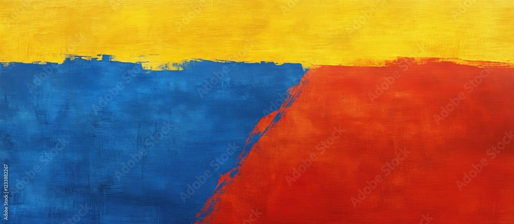 Aufkleber abstract color composition with yellow, blue, and red sections on textured canvas background, ideal 