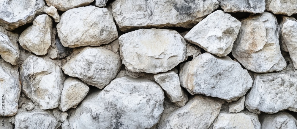 Poster textured natural stone wall background with unevenly placed light gray rocks and ample copy space fo