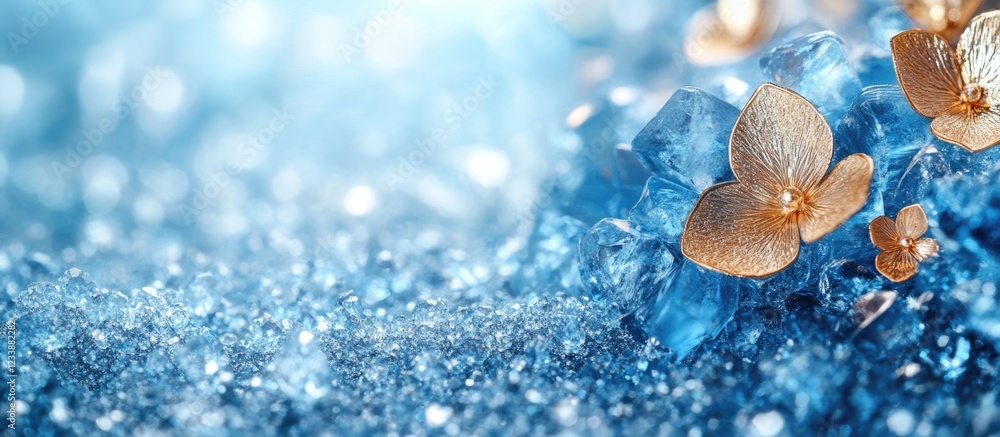 Poster blue background with sparkling texture and delicate golden flowers, glistening in soft light, with a
