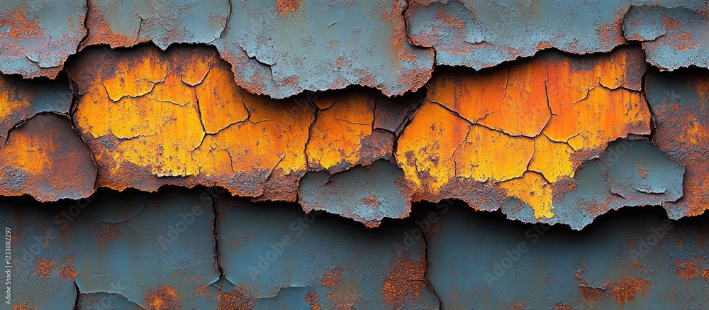 Aufkleber textured background of peeling paint with orange and blue layers showcasing cracked patterns and rus