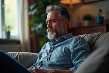 Fototapeta premium Thoughtful Elderly Man Relaxing on Couch in Cozy Living Room with Natural Light, Reflecting on Life in a Tranquil Indoor Environment