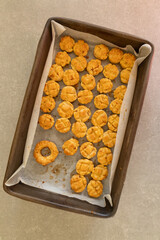 A baking sheet with baked homemade scones.