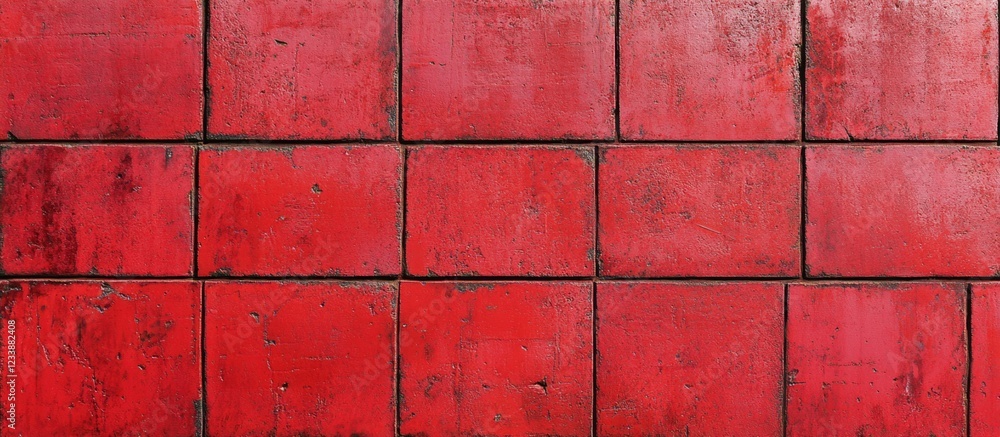 Poster red textured wall with rectangular panels showing wear and age, suitable for backgrounds with copy s